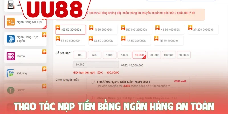 Thao tác nạp tiền bằng ngân hàng an toàn