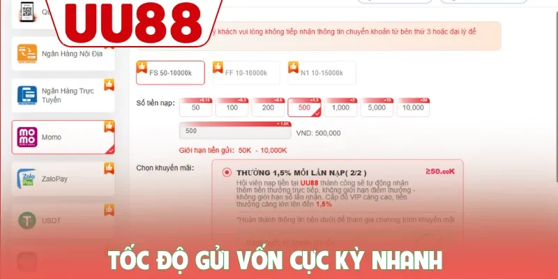 Tốc độ gửi vốn cực kỳ nhanh